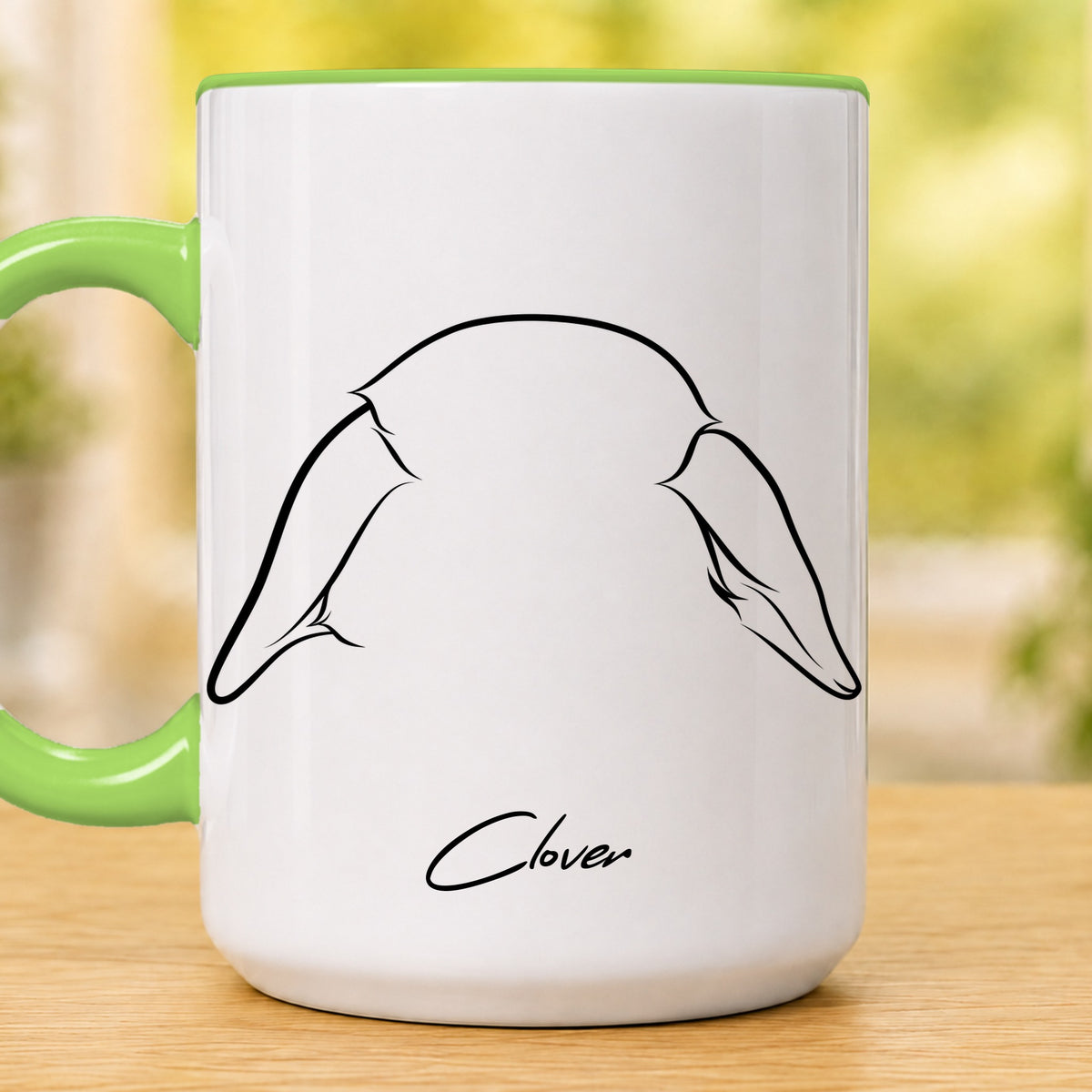 Personalised pet ears 15oz accent mug, Light Green – Holland Lop rabbit ears with the name Clover