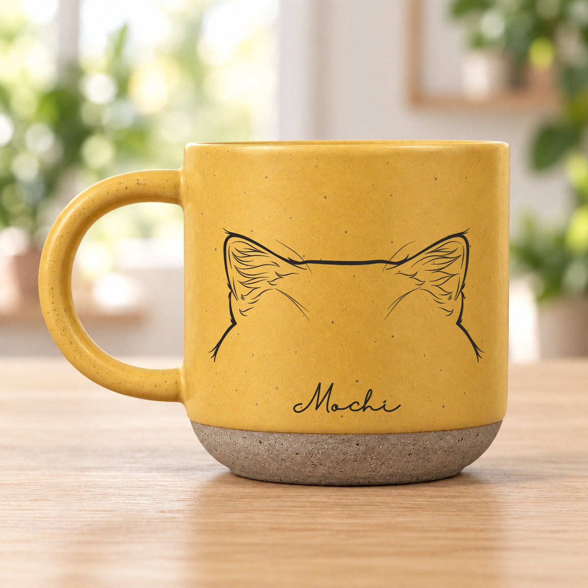 Personalised pet ears pottery mug, Yellow – British Shorthair ears with the name Mochi