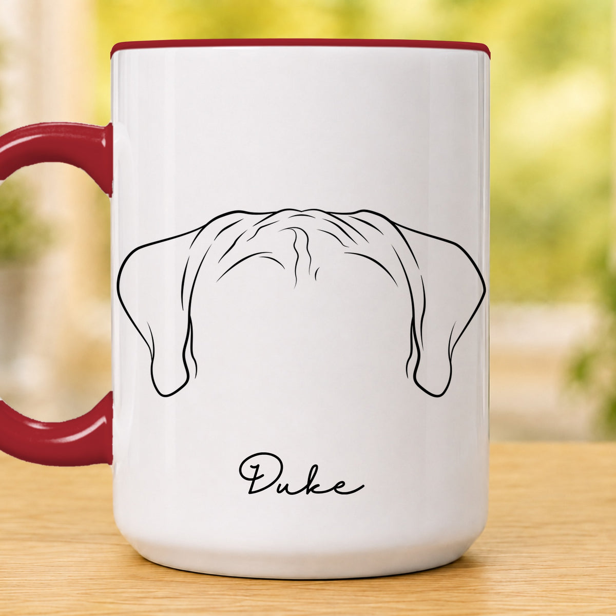 Personalised pet ears 15oz accent mug, Maroon – Boxer ears with the name Duke
