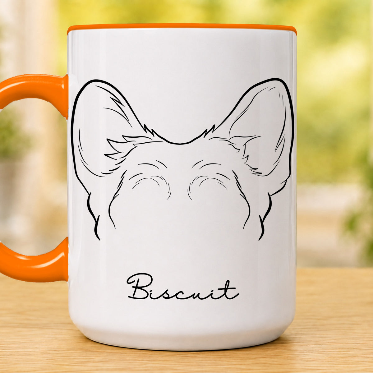 Personalised pet ears 15oz accent mug, Orange – Pembroke Welsh Corgi ears with the name Biscuit