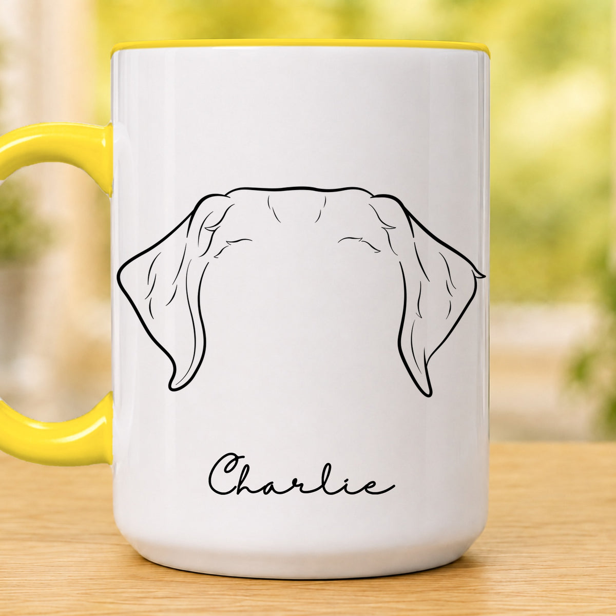 Personalised pet ears 15oz accent mug, Yellow – Labrador Retriever ears with the name Charlie