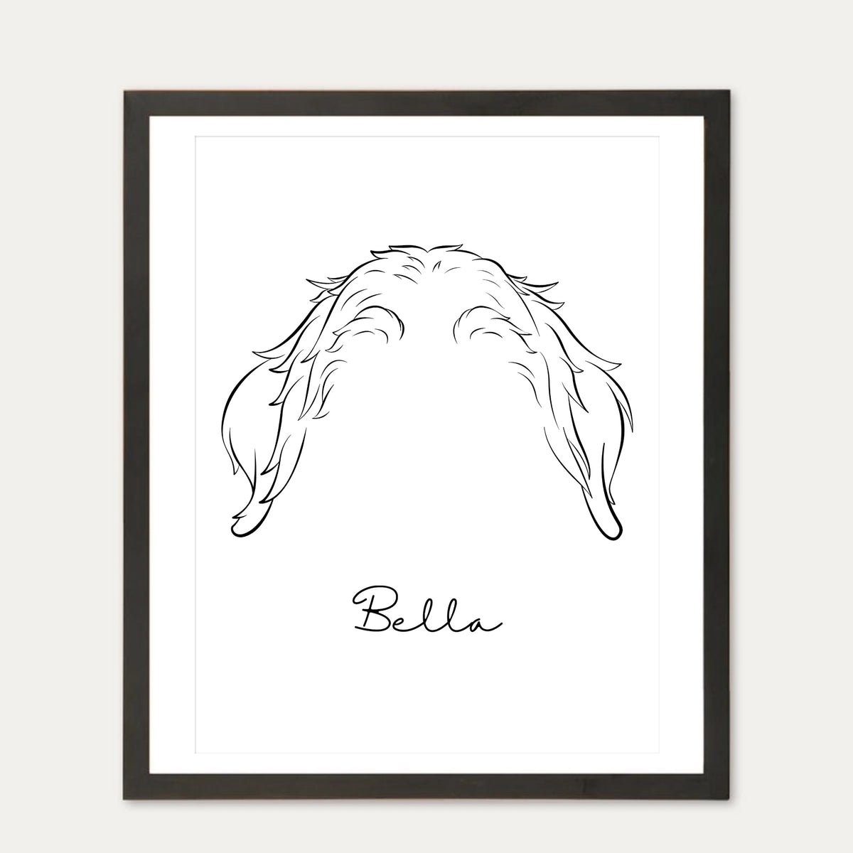 Personalised pet ears framed print in a black frame — Golden Retriever, Bella