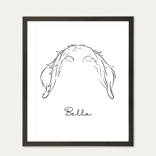 Personalised pet ears framed print in a black frame — Golden Retriever, Bella