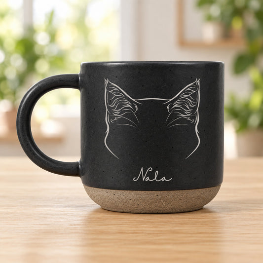 Personalised pet ears pottery mug, Black – Siamese ears with the name Nala