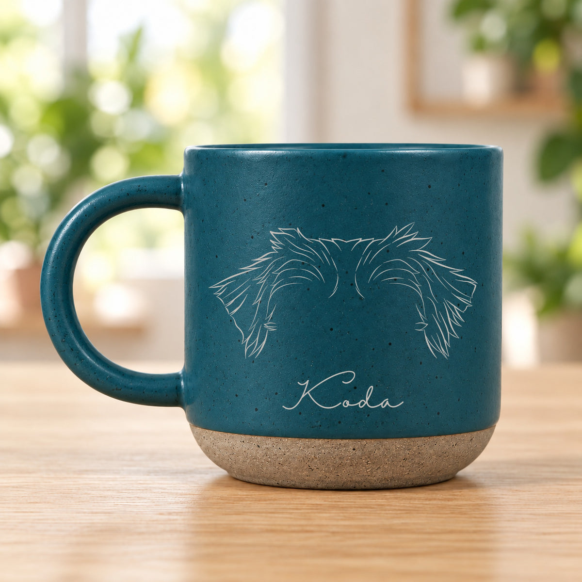 Personalised pet ears pottery mug, Dark blue – Australian Shepherd ears with the name Koda