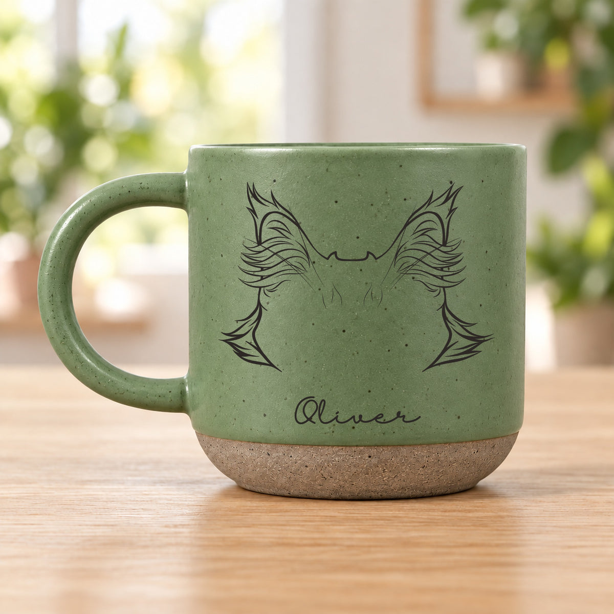 Personalised pet ears pottery mug, Green – Maine Coon ears with the name Oliver