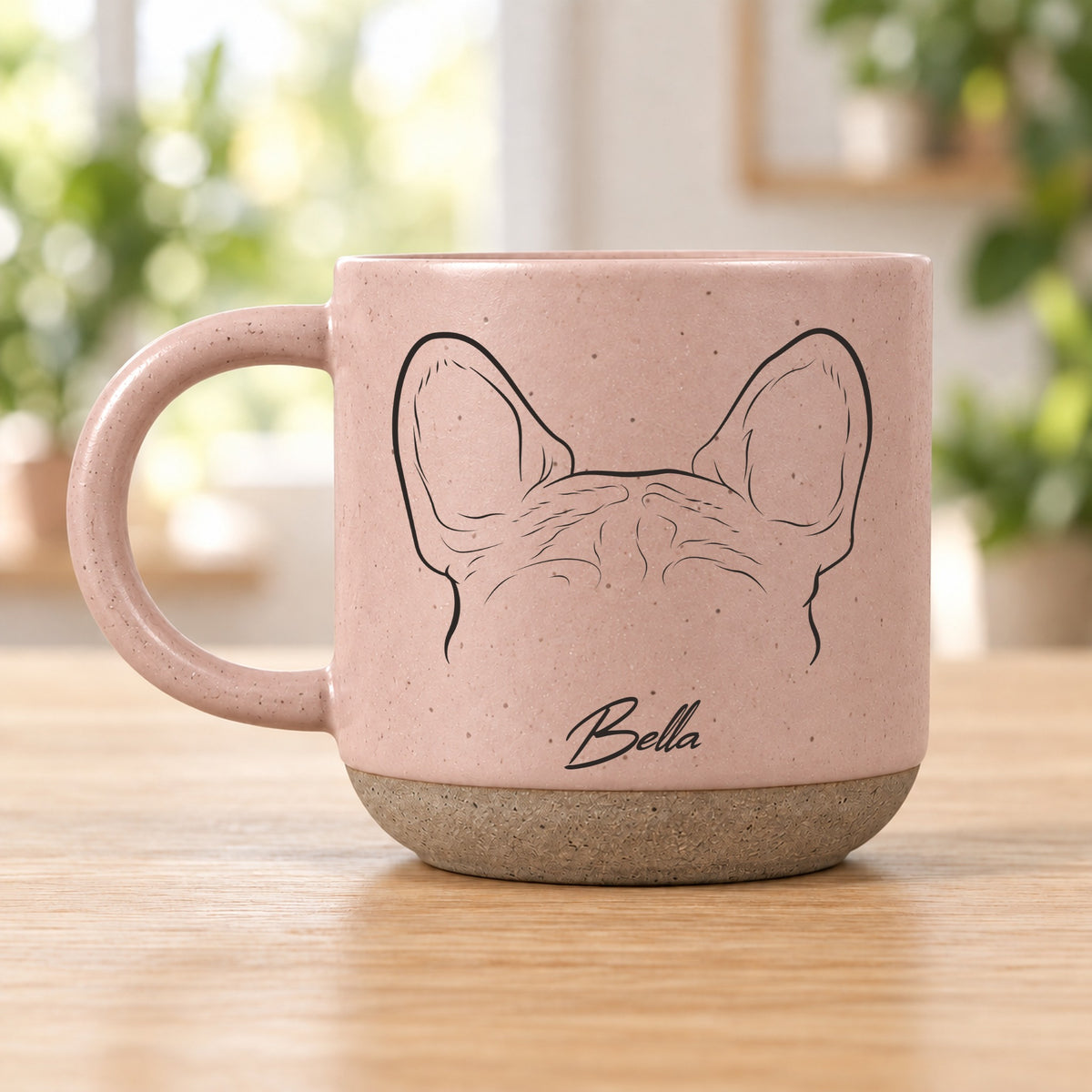 Personalised pet ears pottery mug, Pink – French Bulldog ears with the name Bella