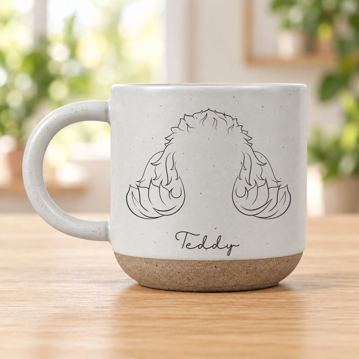 Personalised pet ears pottery mug, White – Poodle ears with the name Teddy
